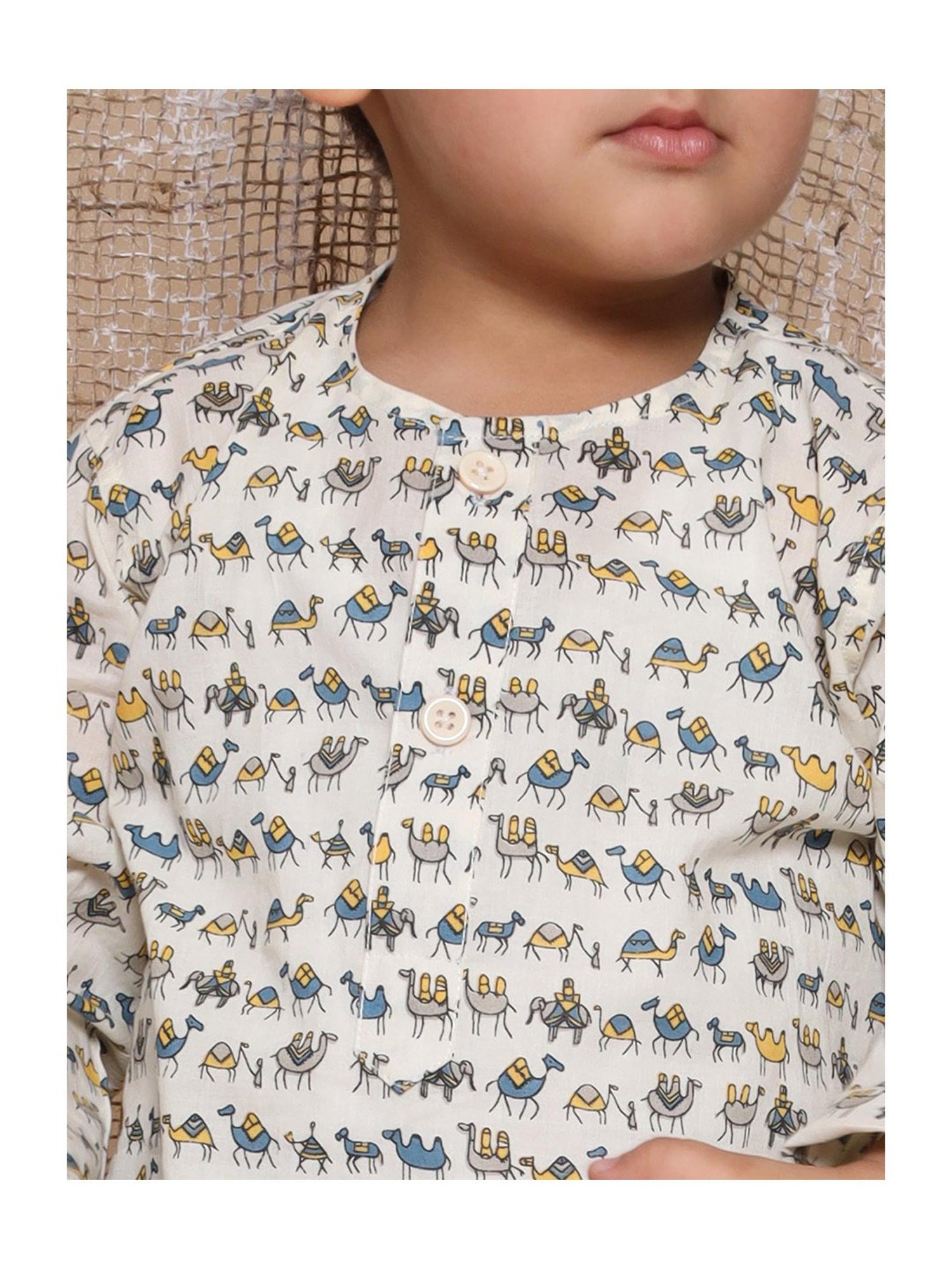 AJ Dezines Kids White & Yellow Printed Full Sleeves Kurta with Dhoti