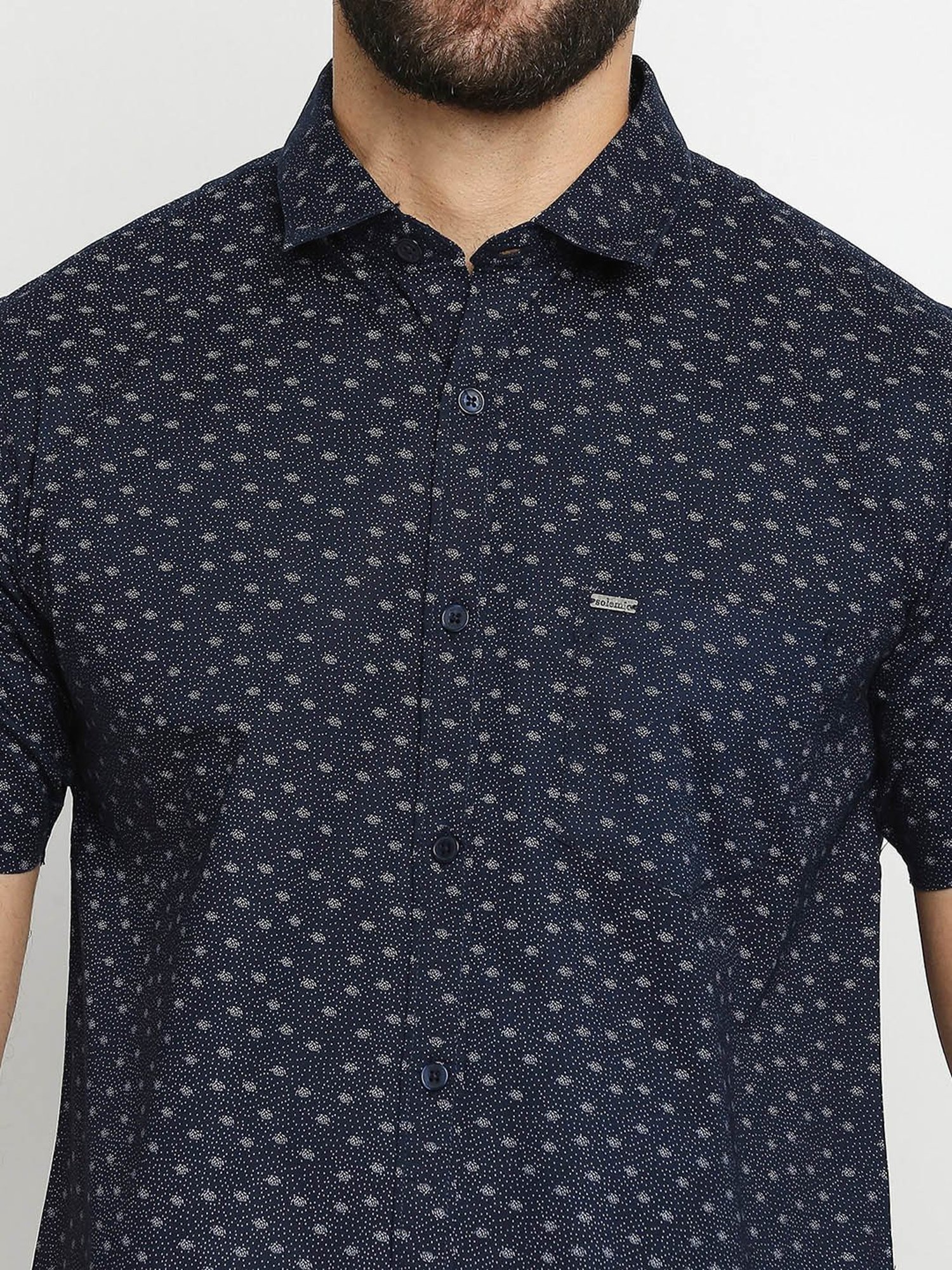 SOLEMIO Navy Slim Fit Printed Shirt