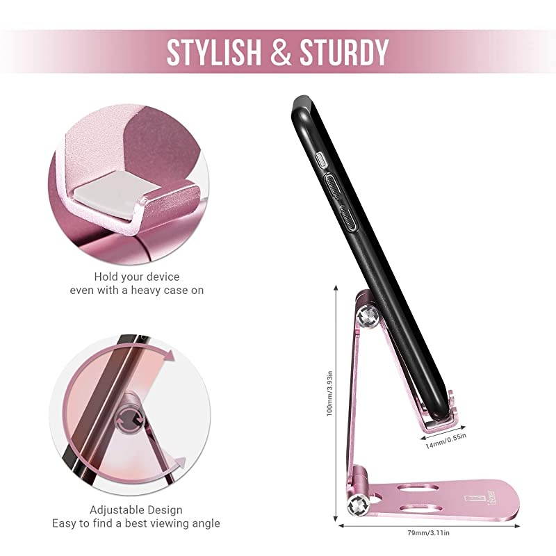 Adjustable Cell Phone Stand  Mini Phone Holder for Desk Portable Small Size Desktop Dock Compatible with iPhone XR XS X 9 8 7 6 Plus Samsung Huawei Office Home Desk Decor Rose Gold