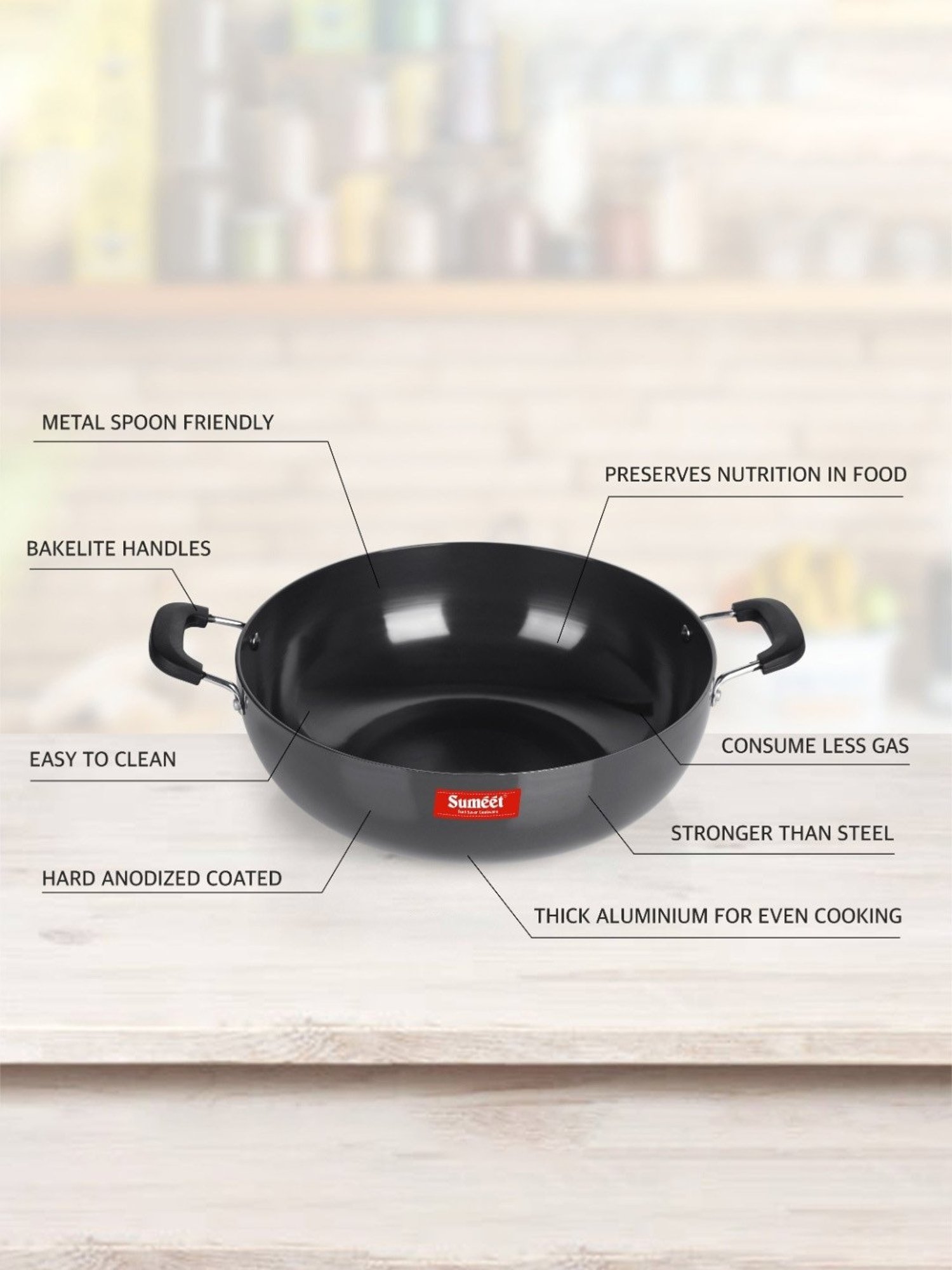 Sumeet 3mm Hard Anodized Deep kadai Big Size No. - 15 (28.5cm Dia. 4.5 LTR Capacity)