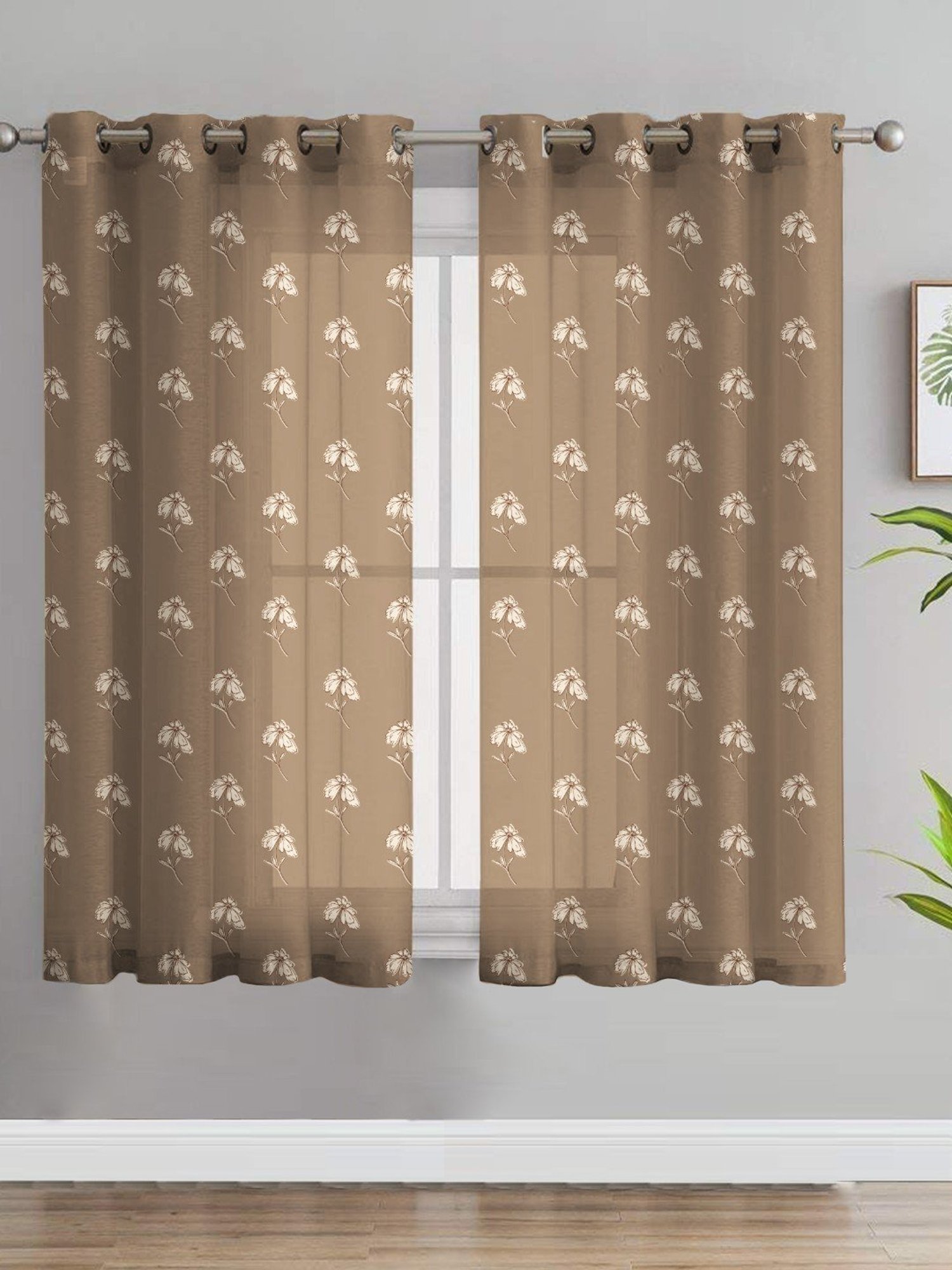 SPACES DRAPE STORY Boho Floral Camel Brown Polyester 5 ft Sheer Window Curtains - Set of 2