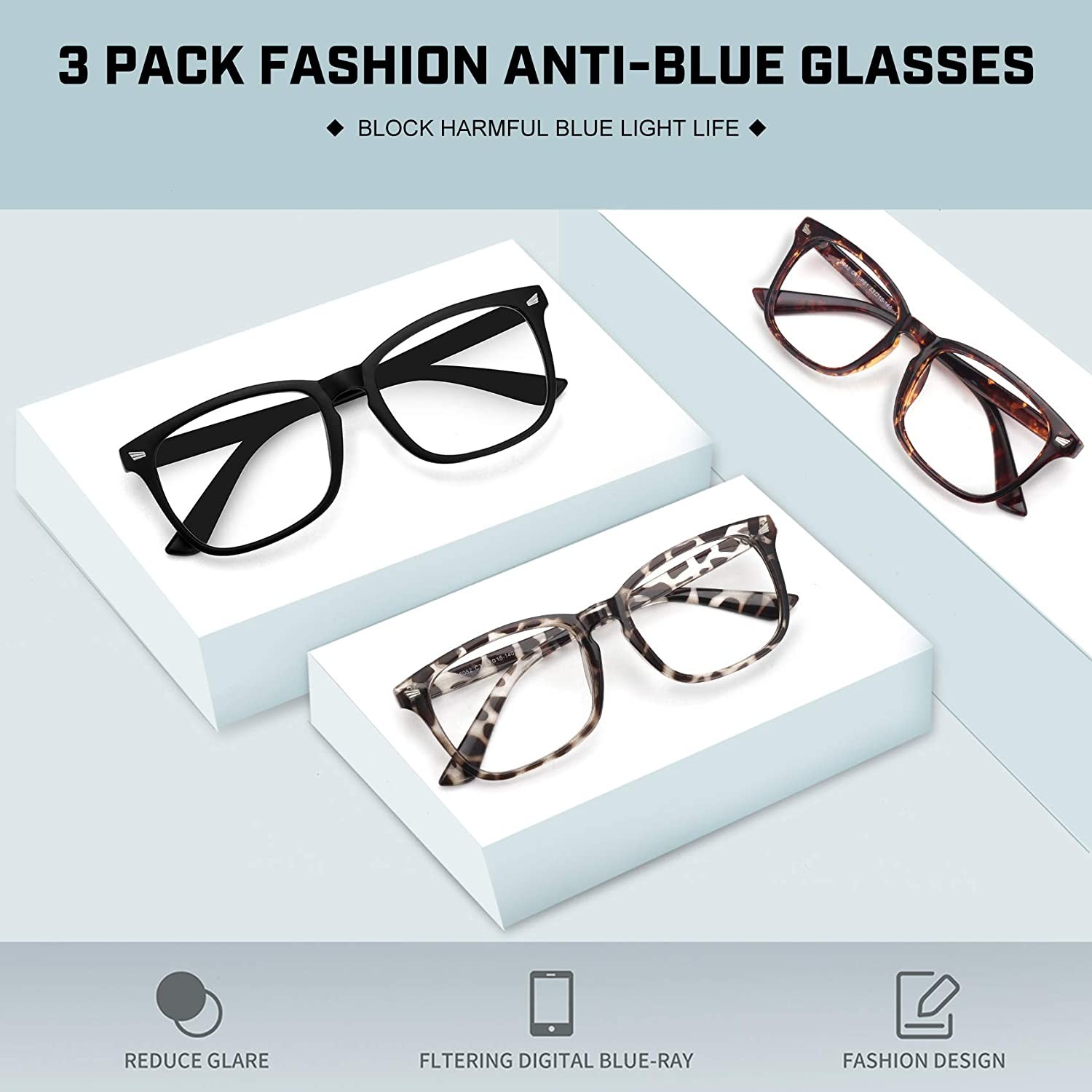 3 PACK Blue Light Blocking Glasses Unisex Square (Anti Eye Fatigue) Computer Gaming Glasses