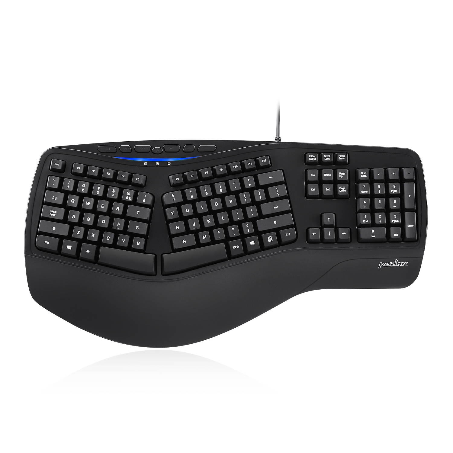 Perixx PERIBOARD-312 Ergonomic Backlit Keyboard - Wired USB with 2 Hubs - Natural Ergonomic Split Design - White LED - Black