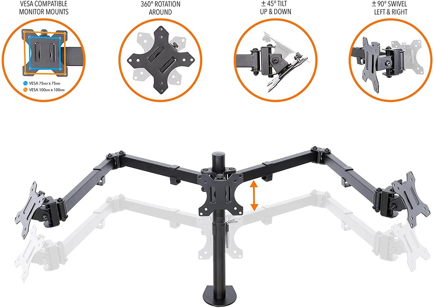 3 Monitor Mount Desk Stand | Height Adjustable Triple Horizontal Monitor Arm with Desk Clamp| Full Articulation VESA Mount Fits Most LCD/LED Monitors 13-26 in. (3 Arm Horizontal Clamp)