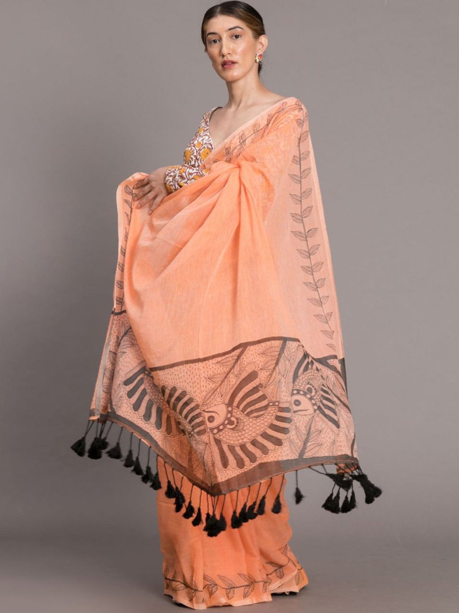 Suta Orange Cotton Printed Saree Without Blouse