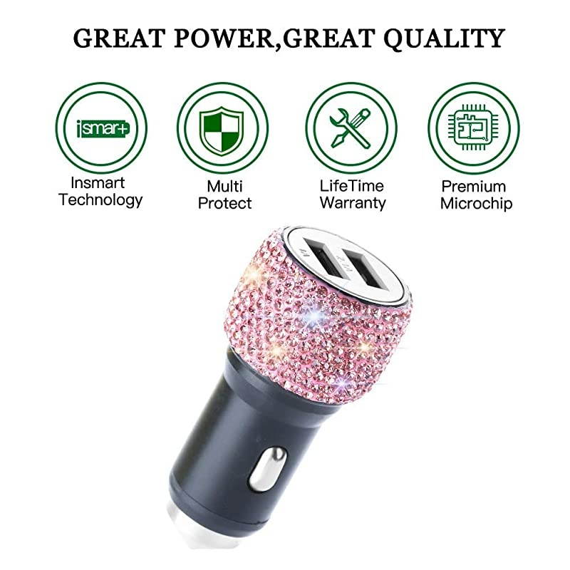 Dual USB Car Charger Car Adapter Bling Bling Rhinestones Crystal Car Decorations for Fast Charging Car Decors for iPhone Xs Max X Plus iPad ProMini Samsung