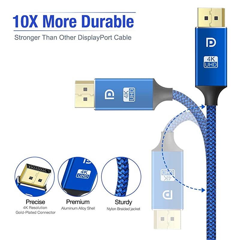 DisplayPort Cable 4K DP Cable Nylon Braided 4K60Hz2K144Hz Display Port Cable Ultra High Speed DisplayPort to DisplayPort Cable 66ft for Laptop PC TV etc Gaming Monitor CableBlue