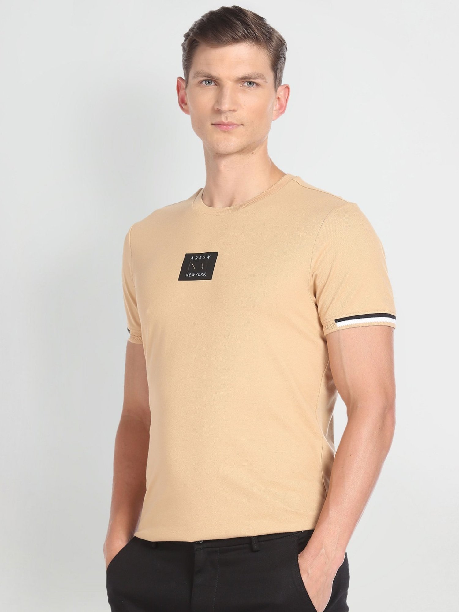 Arrow New York Beige Cotton Regular Fit T-Shirt