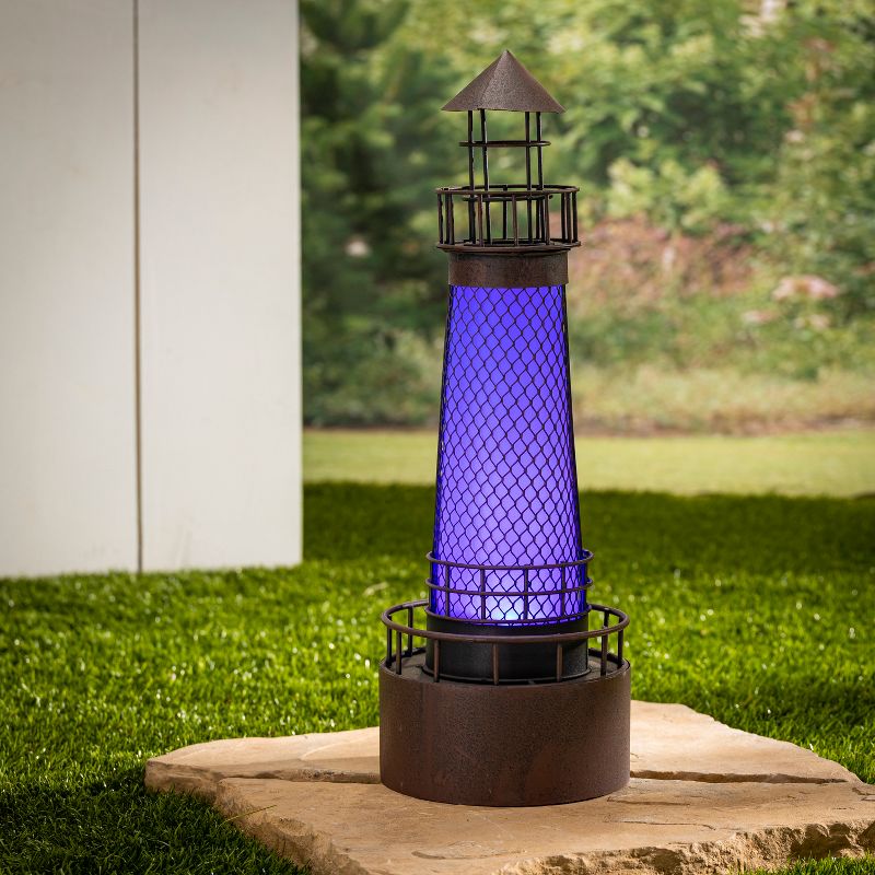 Garden Meadow 21-Inch High Solar LED Metal Lighthouse Outdoor D'ecor, Blue.