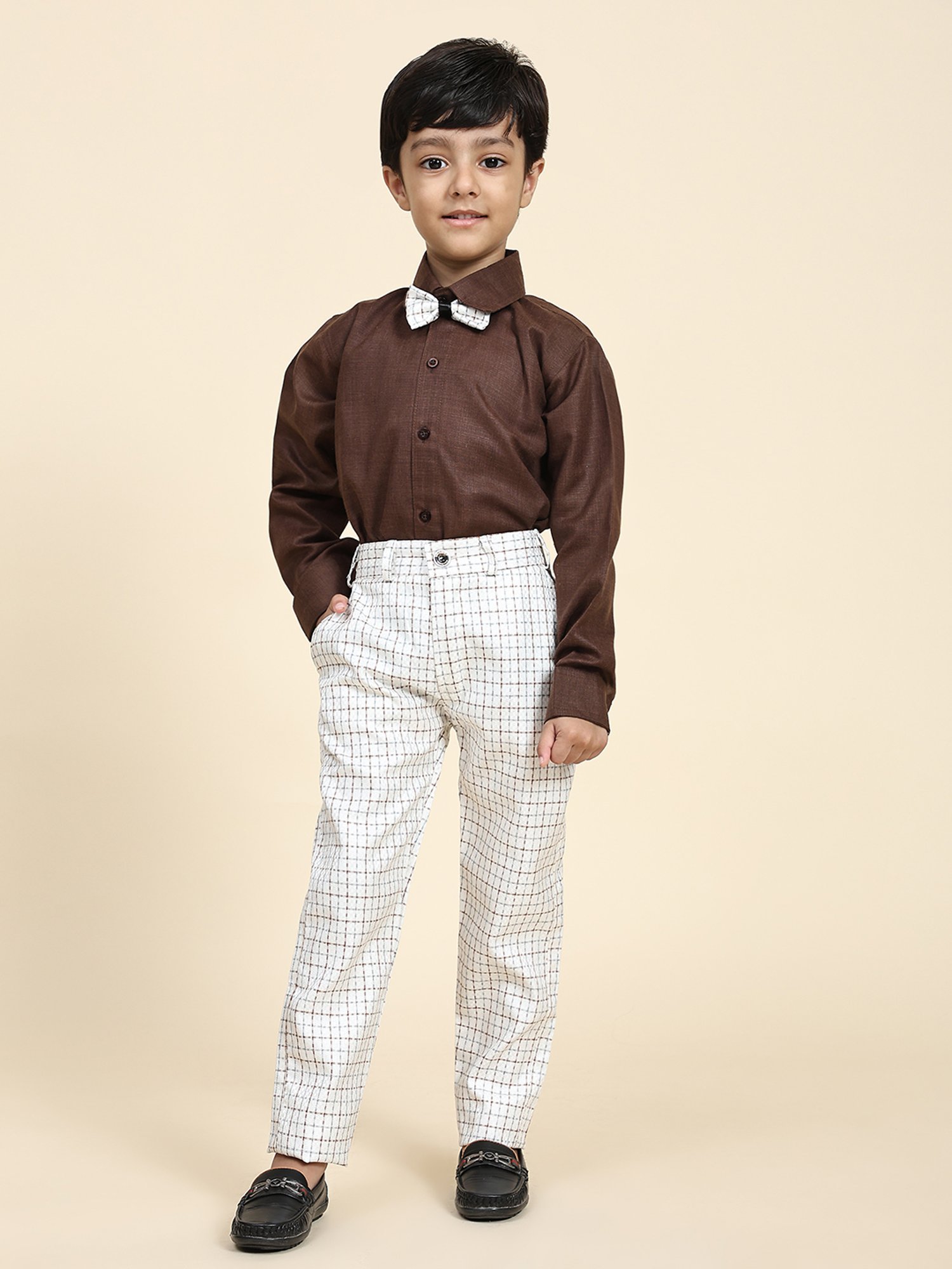 Pro-Ethic Style Developer Kids Brown & White Checks Full Sleeves Shirt, Waistcoat, Pants with Bow