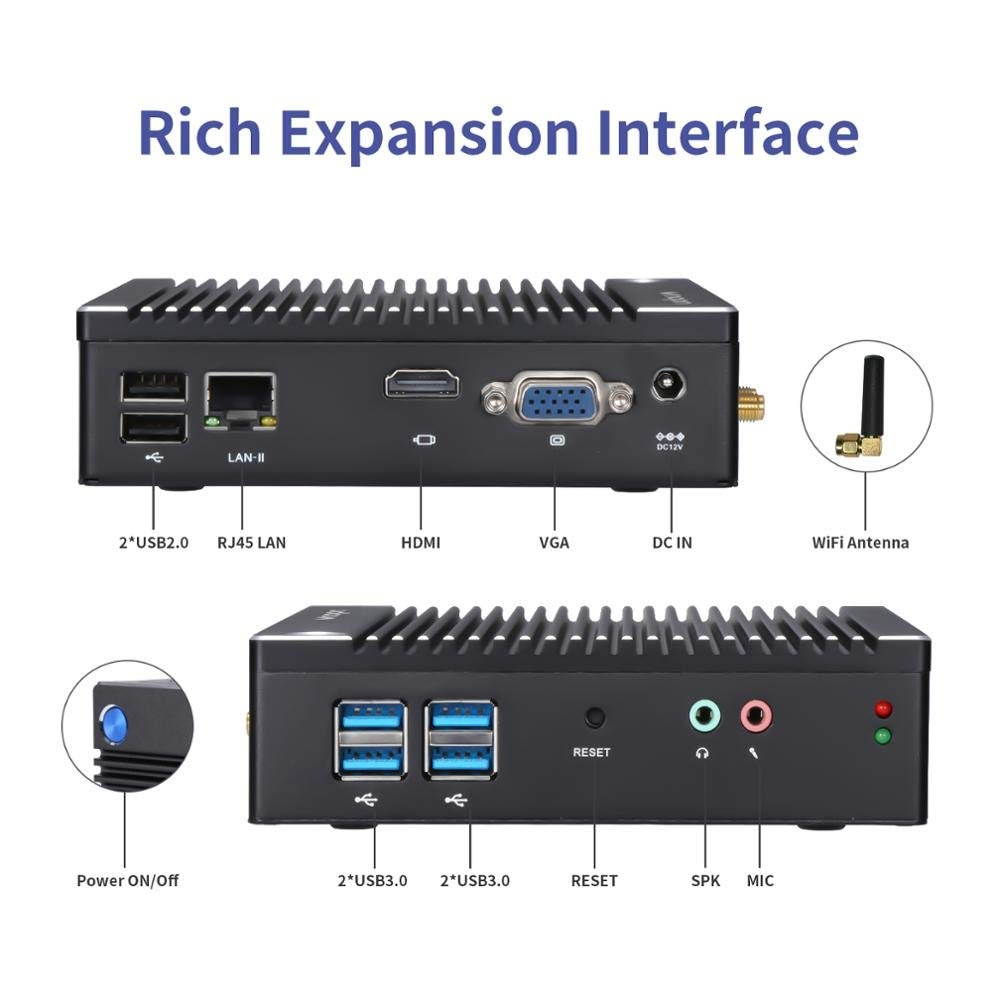 Vnopn Fanless Mini PC Windows 10 Pro, Small Computer Intel N3710 Quad Core, up to 2.56GHz, Micro Desktop PC 4K HD with 4GB RAM 64GB SSD, 2.4G+5G WiFi/4.0 BT/Dual Display/1000M LAN, Auto Power On/WOL