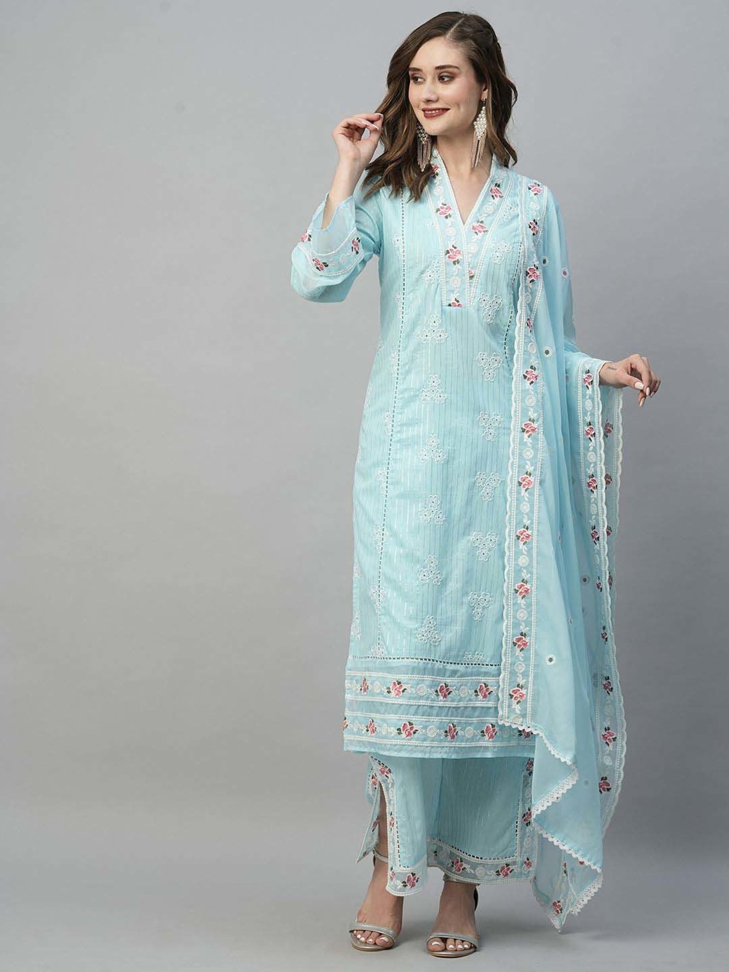 Heeposh Blue Cotton Embroidered Kurta Palazzo Set With Dupatta