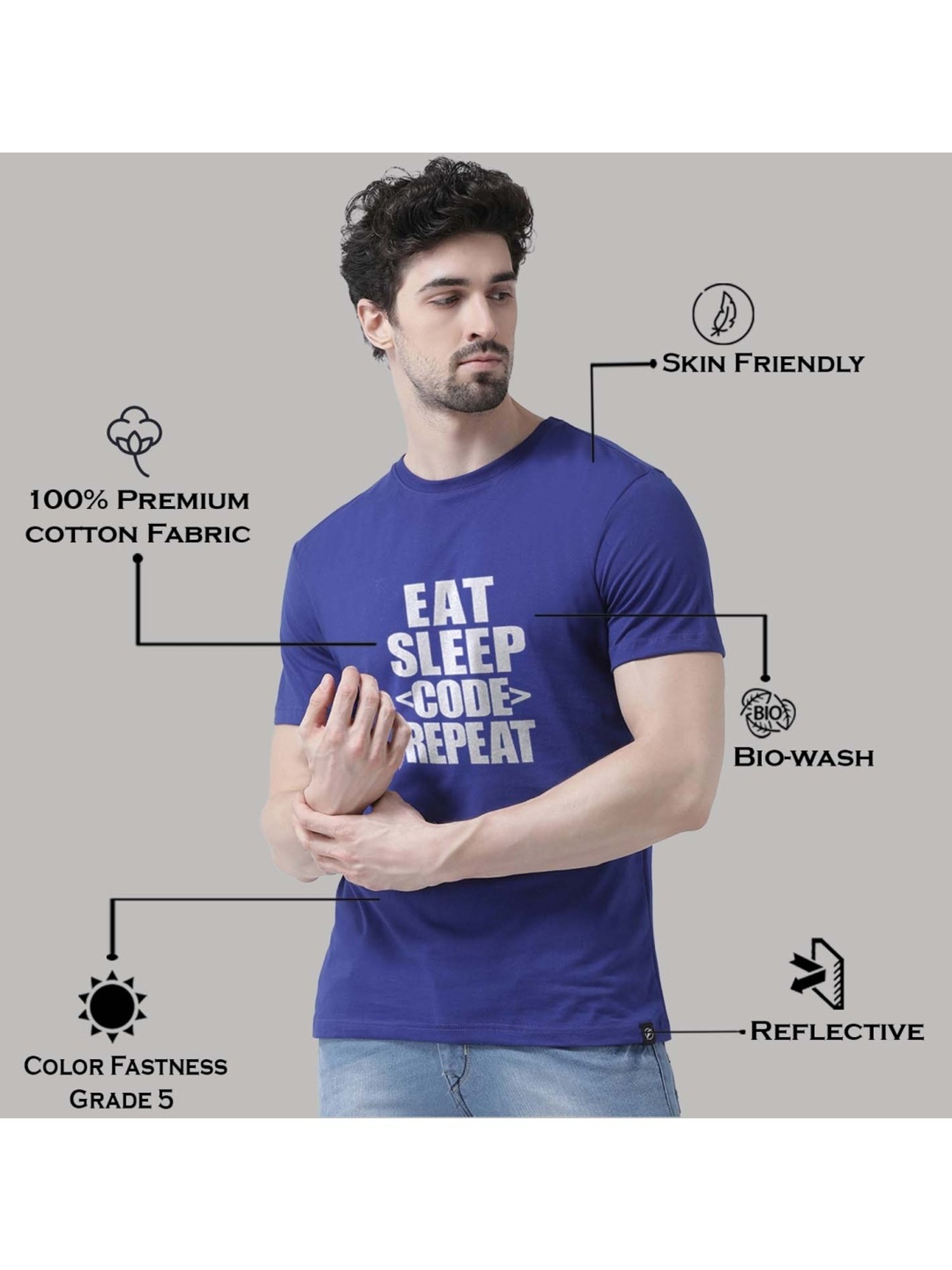 Friskers Blue Cotton Slim Fit Printed T-Shirt