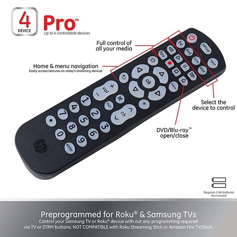Backlit Universal Remote Control for Samsung, Vizio, LG, Sony, Sharp, Roku, Apple TV, TCL, Panasonic, Smart TV, Streaming Players, Blu-Ray, DVD, 4-Device, Black, 40081