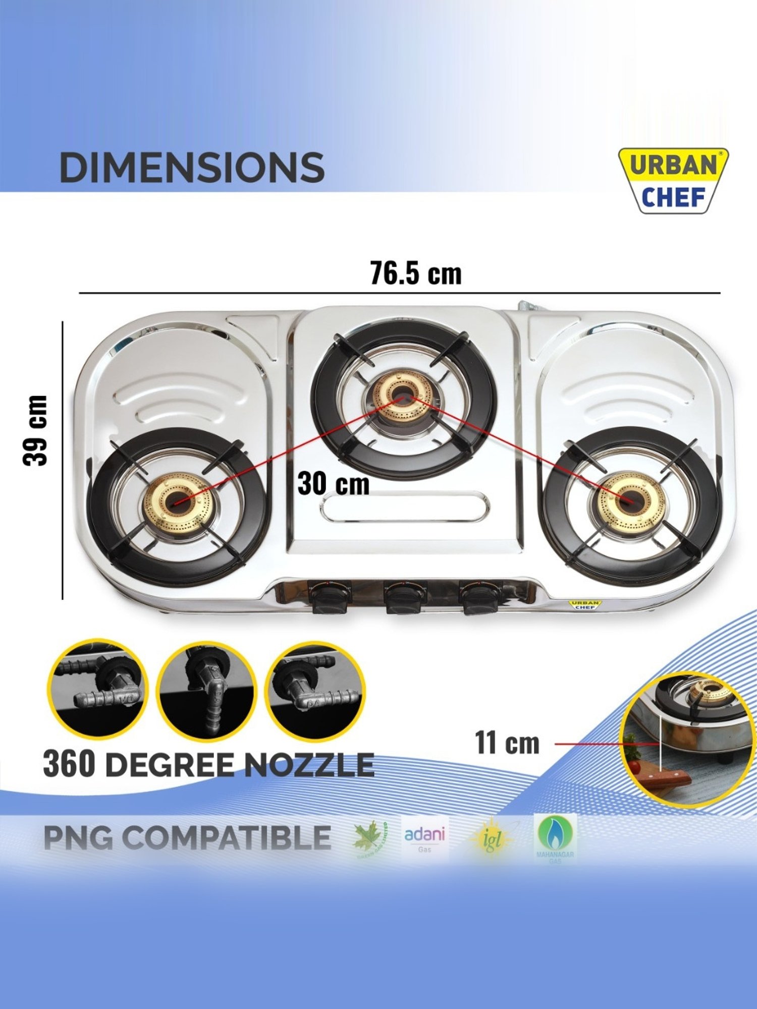 Urban Chef Gas Stove with 3 Burners ( Silver/Black )