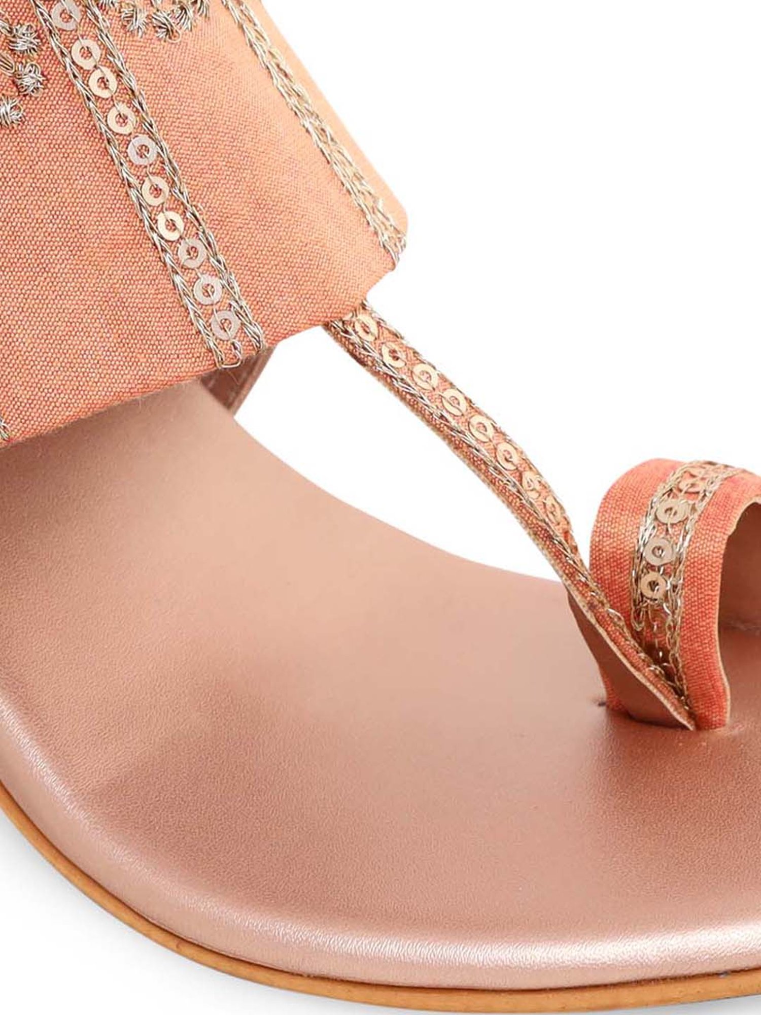KANVAS Women's Desi Embroidery Peach Toe Ring Sandals