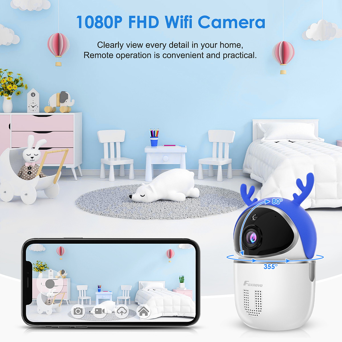 Foxnovo Intelligent Monitor Camera 2 in 1 Ultra Wi-Fi Camera Lovely Antler Wireless Detection Camera IR Night Vision Security Camera for Home Baby Pet Safety