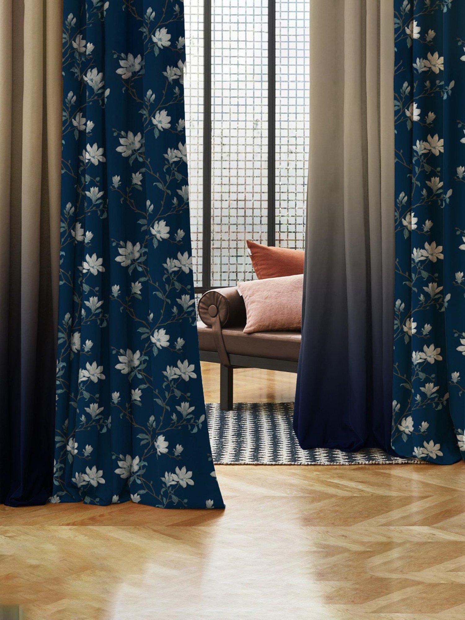 SPACES DRAPE STORY Elegant Floral Blue & Beige Polyester 7 ft Door Curtains - Set of 4