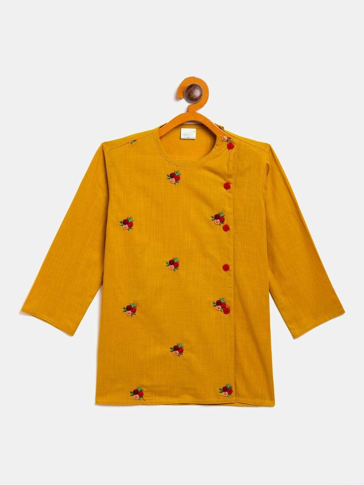 VASTRAMAY Boys Mustard & Red Embroidery Full Sleeves Kurta Sets