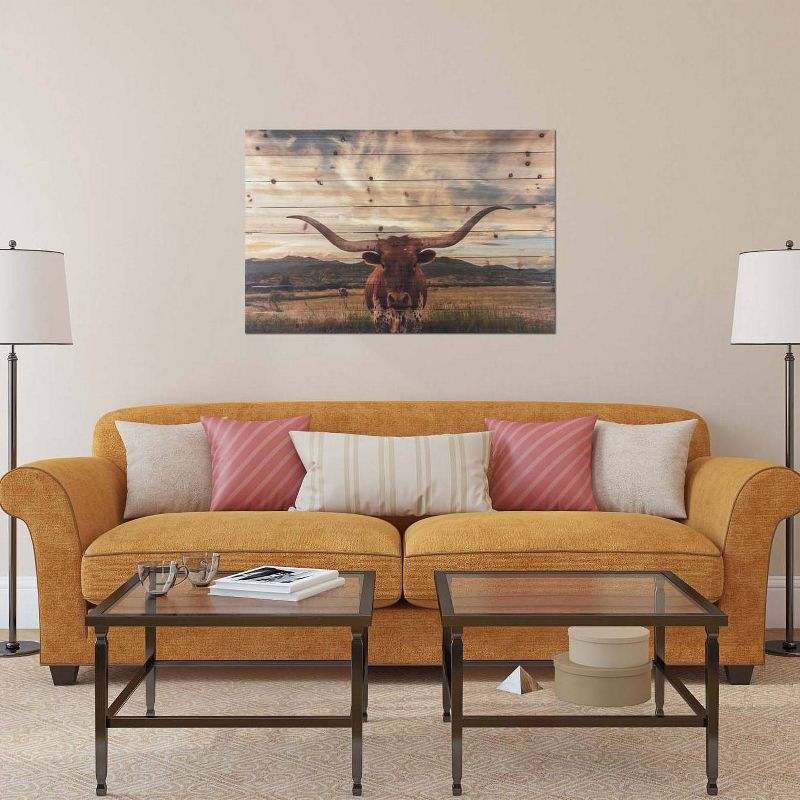 24" x 36" Longhorn Print on Planked Wood Wall Sign Panel - Gallery 57