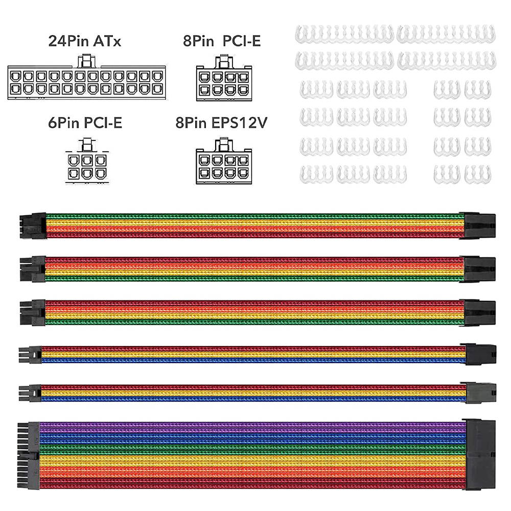 Vicabo QH-LU-025 11.81 in. Braided ATX Sleeved Cable Extension Power Supply Cable Kit PSU Connectors, 24 Pin ATX, 4+4 Pin EPS, 8-pin PCI-E, 6-pin PCI-E with Combs (Black & White)