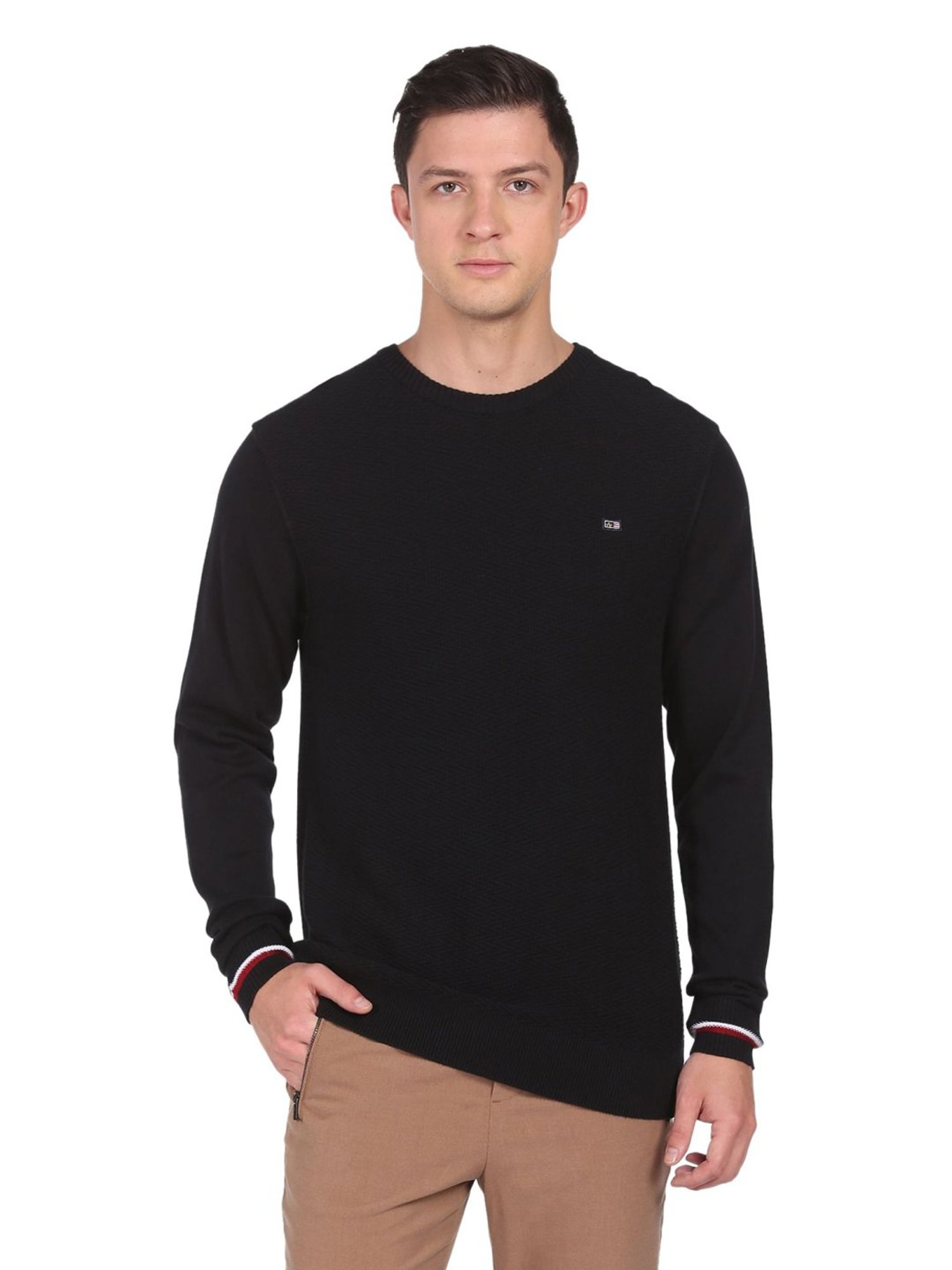 Arrow Sport Black Cotton Regular Fit Self Pattern Sweaters