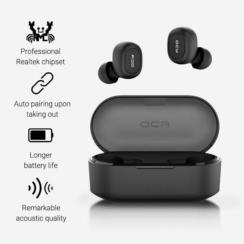 QCY T2C TWS Earphone Blutooth 5.0 Headphone 3D stereo Dual Mic Noise Cancelling Headset with charging box-Black