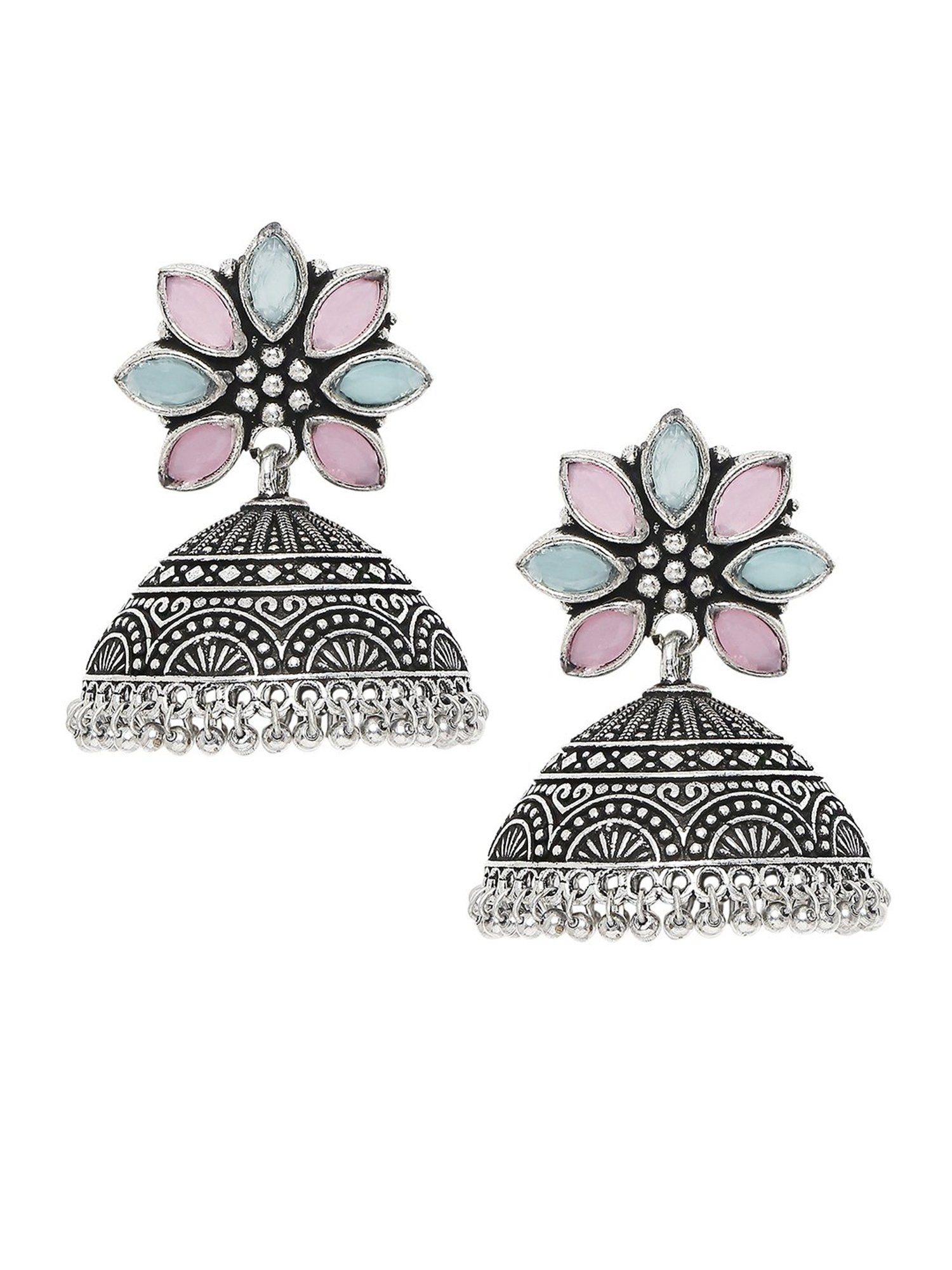 OOMPH Jewellery Oxidized Silver Look Alike Green & Pink Stone Floral Ethnic Jhumki