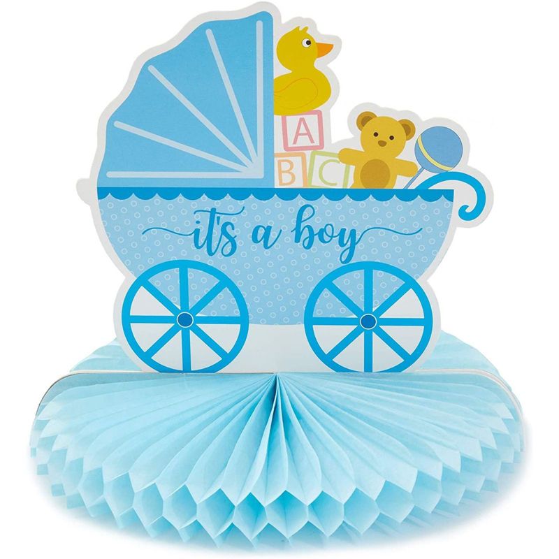6 Pack (2 of Each) Baby Shower Table Honeycomb Decorations for Boys, 3 Assorted Design, Blue, 8.25 x 7.5 inches