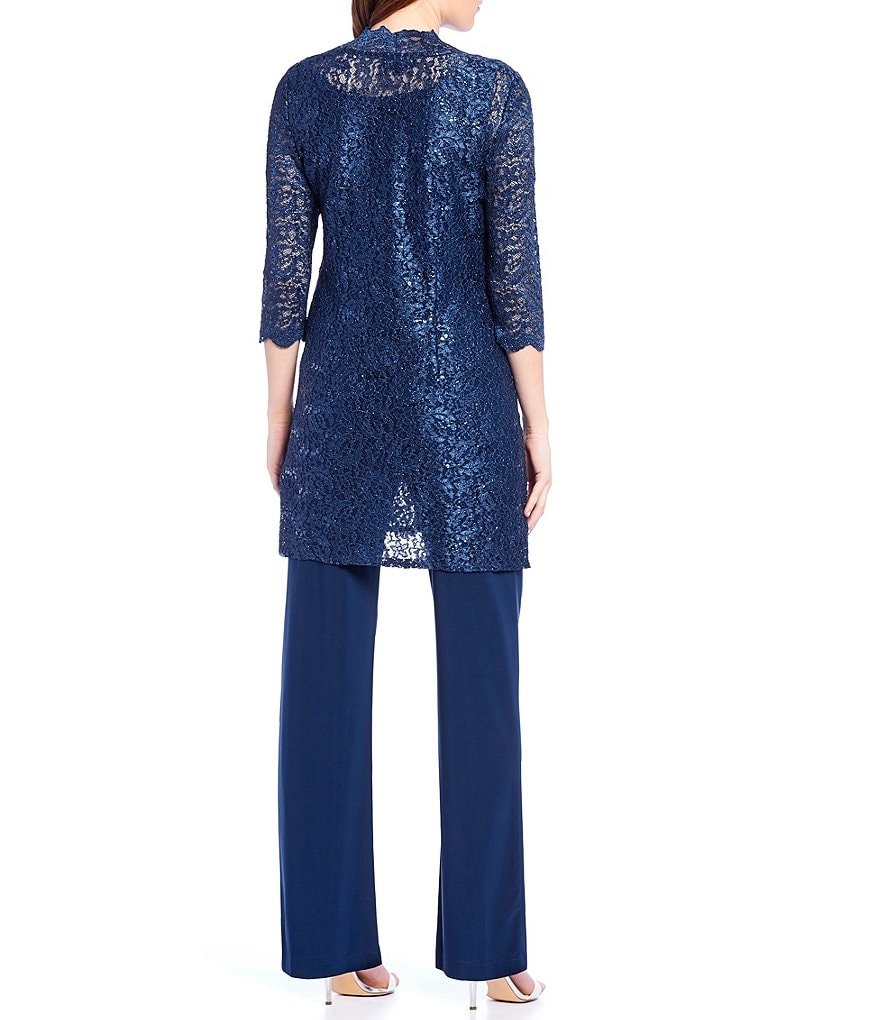 R & M Richards 3-Piece Sequin Glitter Scallop Lace Duster Pant Set