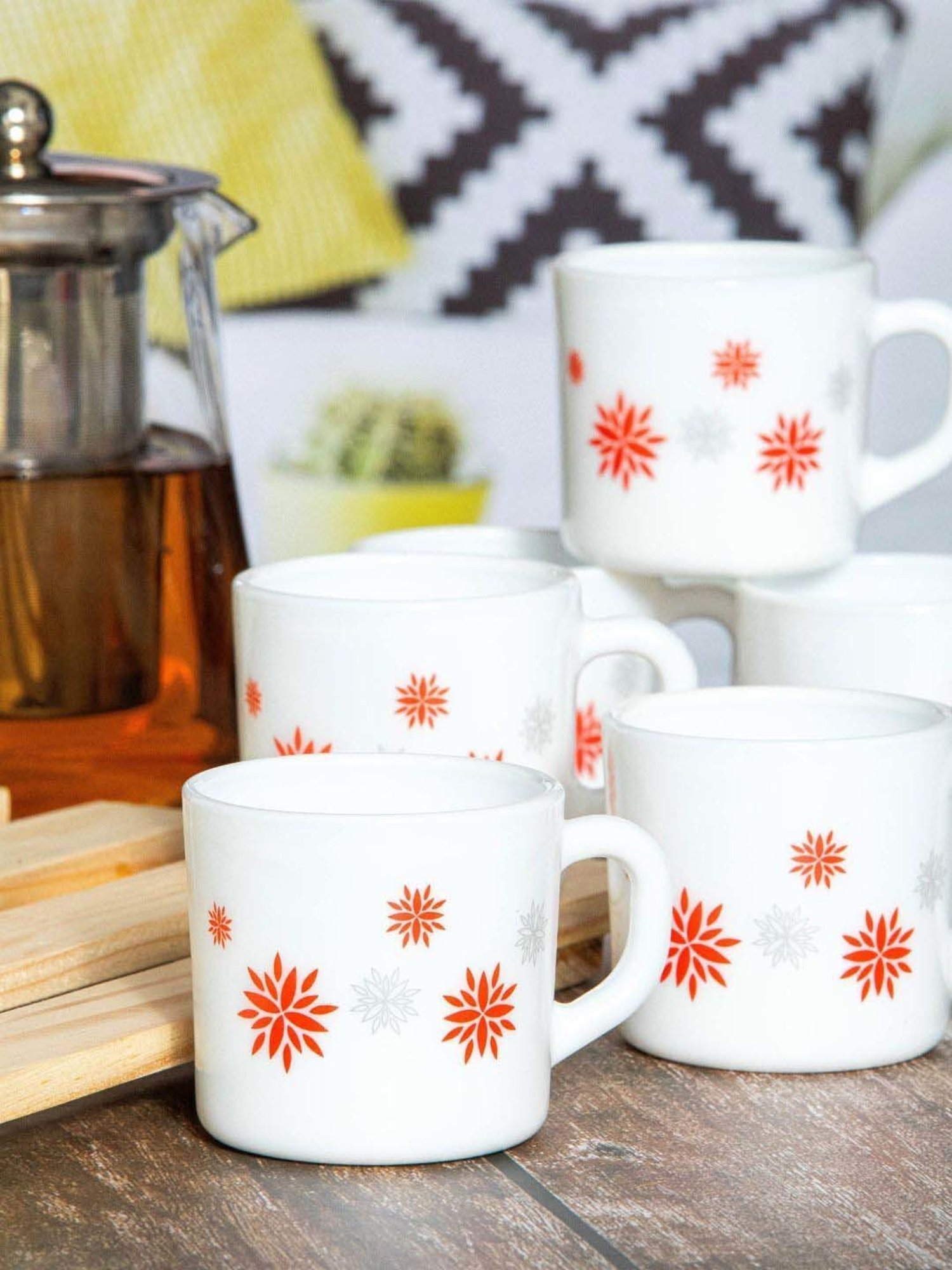 Cello White & Orange Glass Coffee Mug (0.1 L) - Set of 6