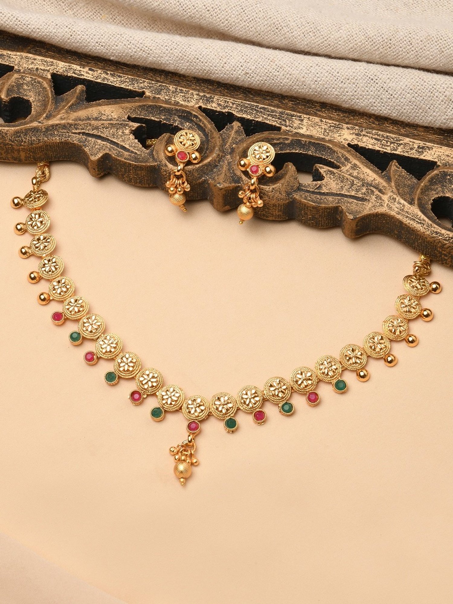 Fida Ethnic Gold-Plated Red & Green Stone Studded Floral & Ghungroo Temple Necklace Set for Women