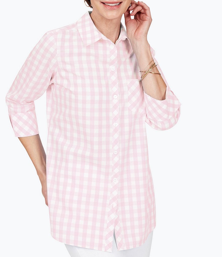 Foxcroft Germaine Gingham 3/4 Roll Tab Sleeve Button Front Blouse