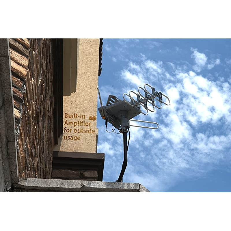 WA-2608 Digital Amplified Outdoor HD TV Antenna with Mounting Pole & 40 ft RG6 Coax Cable 150 Miles Range Wireless Remote Rotation Support 2TVs