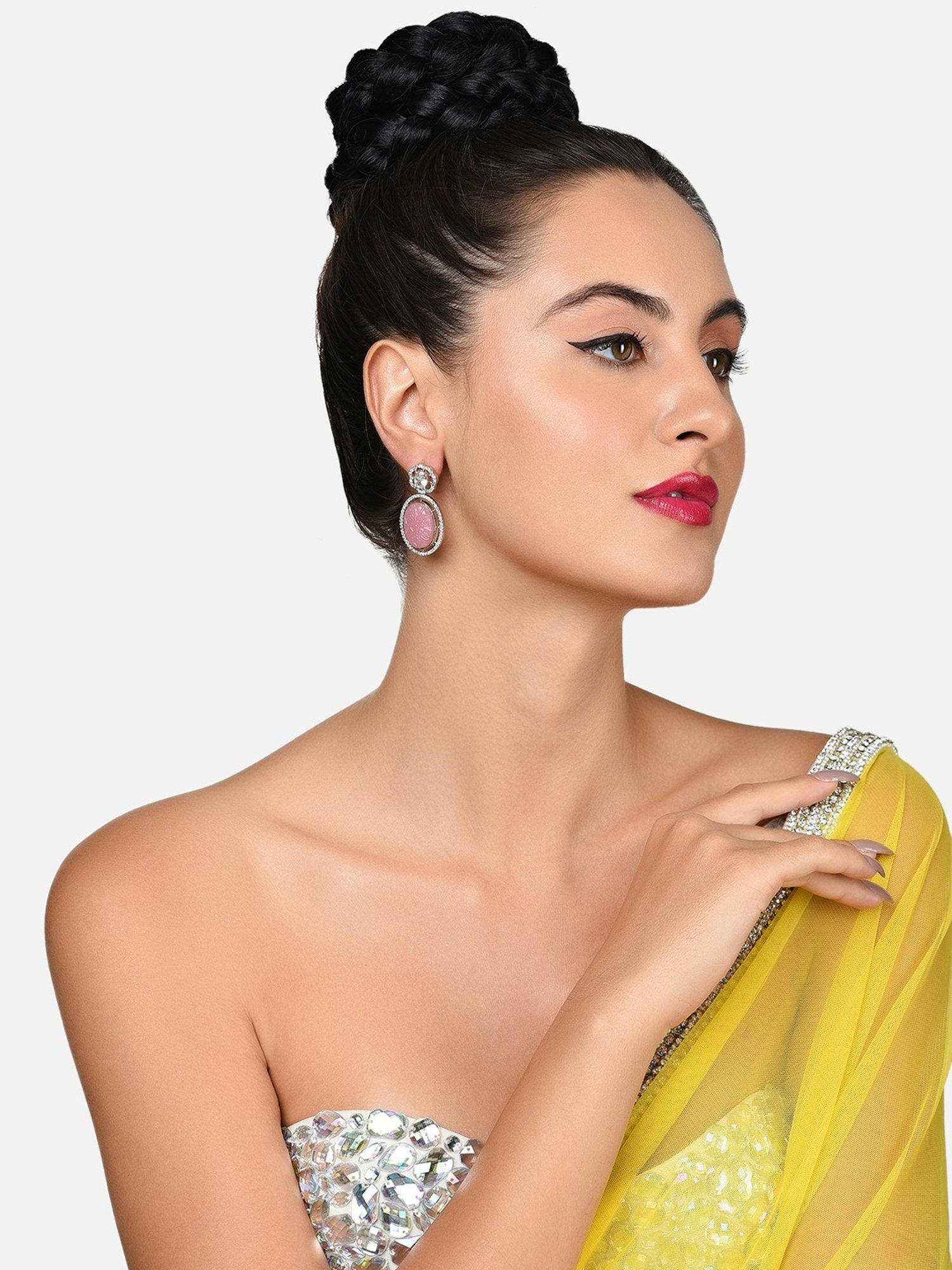 Zaveri Pearls Pink Stone Cubic Zirconia Embellished Brass Contemporary Drop Earring-ZPFK15824