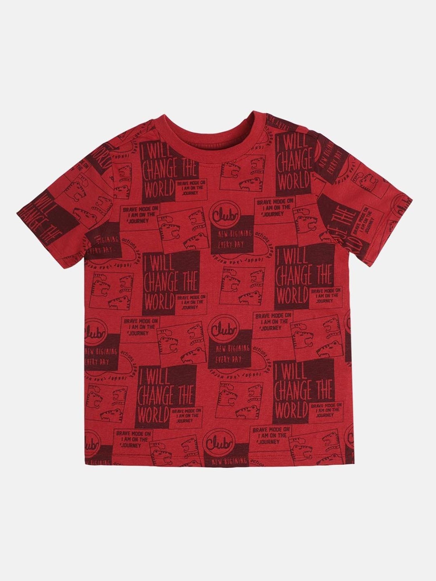 MINIKLUB Boys Maroon Cotton Printed Full Sleeves T-Shirt