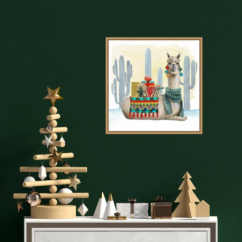 16" x 16" Boho Christmas II Llama Cactus by Grace Popp Framed Canvas Wall Art - Amanti Art
