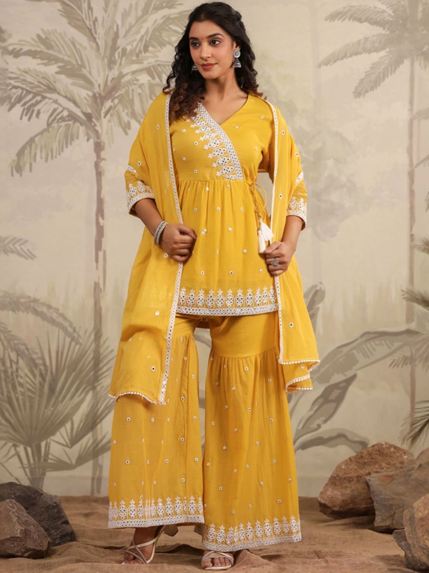 SCAKHI Mustard Mulmul Mirror Embroidered Peplum Kurta With Sharara And Dupatta