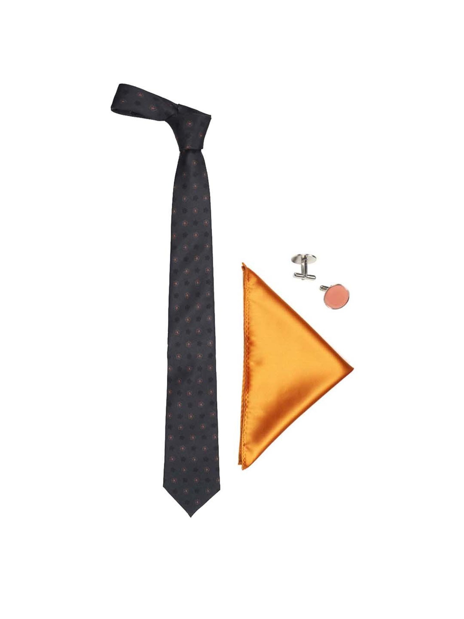 Tossido Black Woven Necktie With Pocket Square and Cufflinks