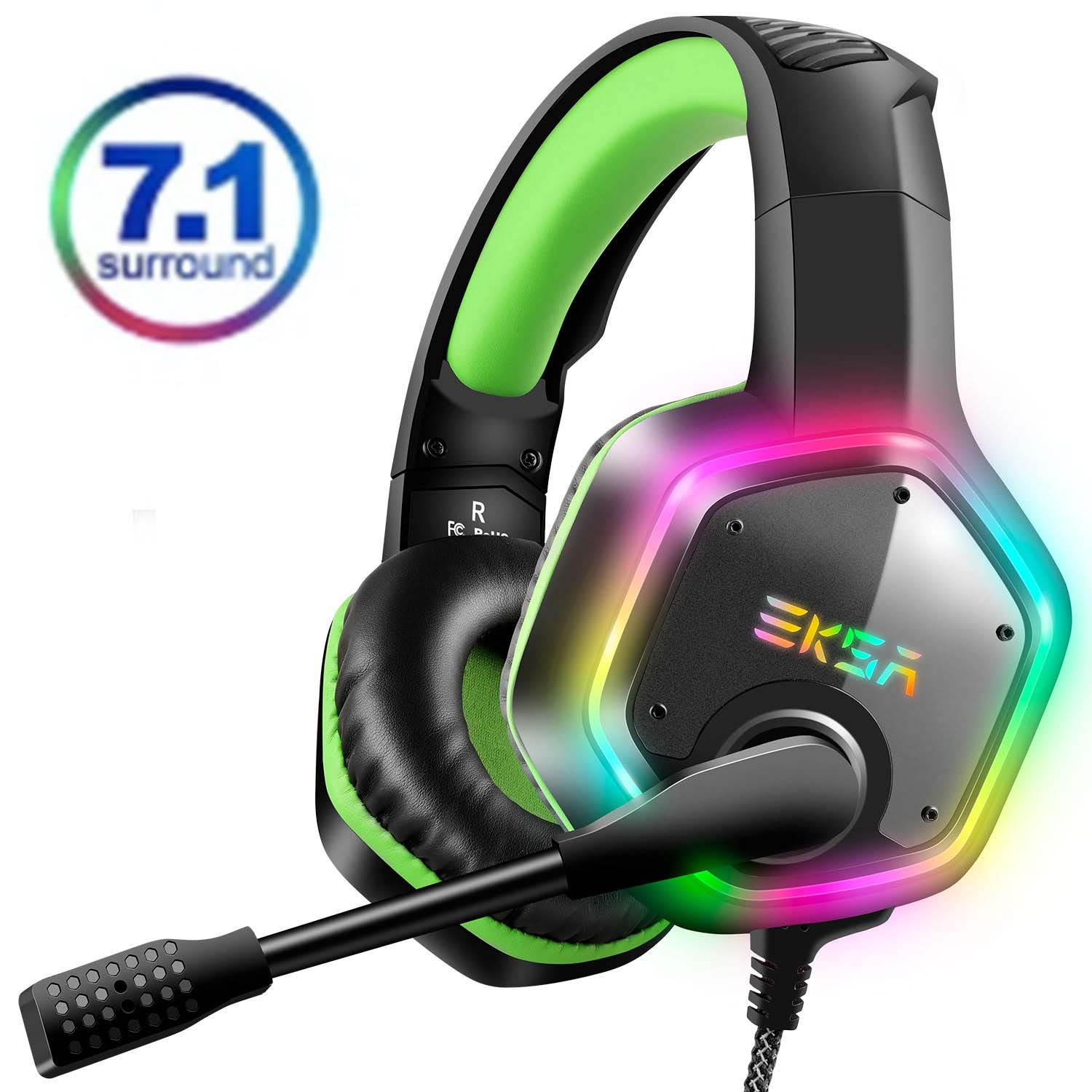 EKSA E1000 Gaming Headset 7.1 Virtual Surround Gaming Headphones Wired USB Earphone With LED RGB Light Mic For Computer/PC/PS4 Gray/Green
