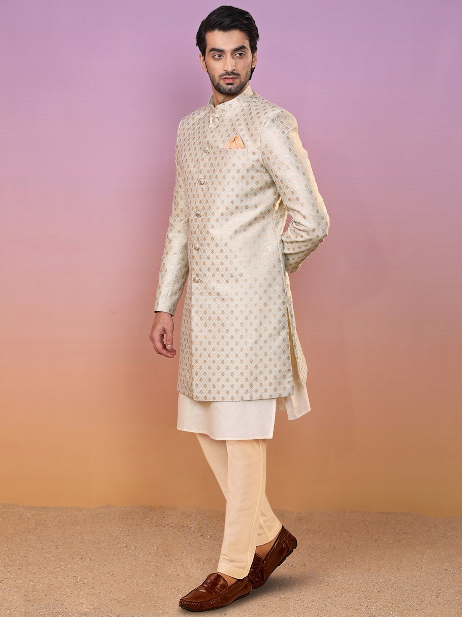 Kisah Beige Regular Fit Jacquard Sherwani Set