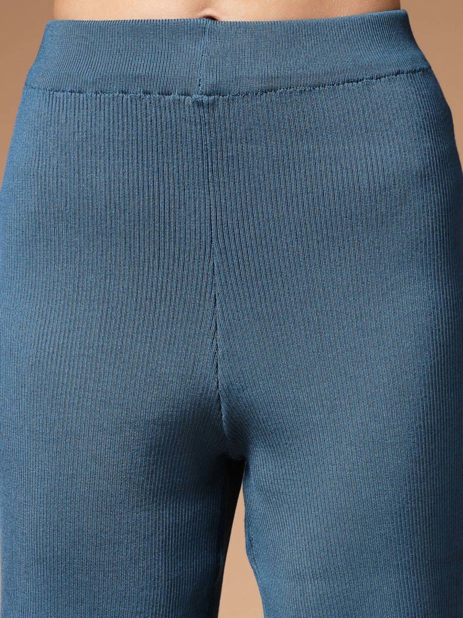 Mafadeny Teal Blue Plain Top Pants Set With Shrug