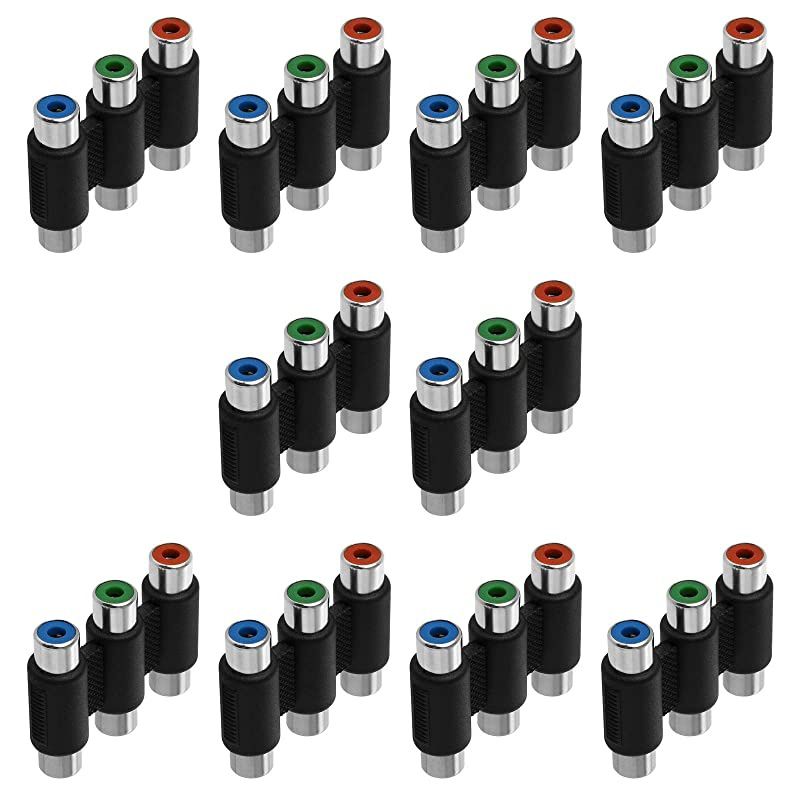 3-RCA Jacks Coupler Jointer &ndash; RGB Female 3-RCA Adapter Extension AV Audio Video F/F Cable Connector - (10 Pack)