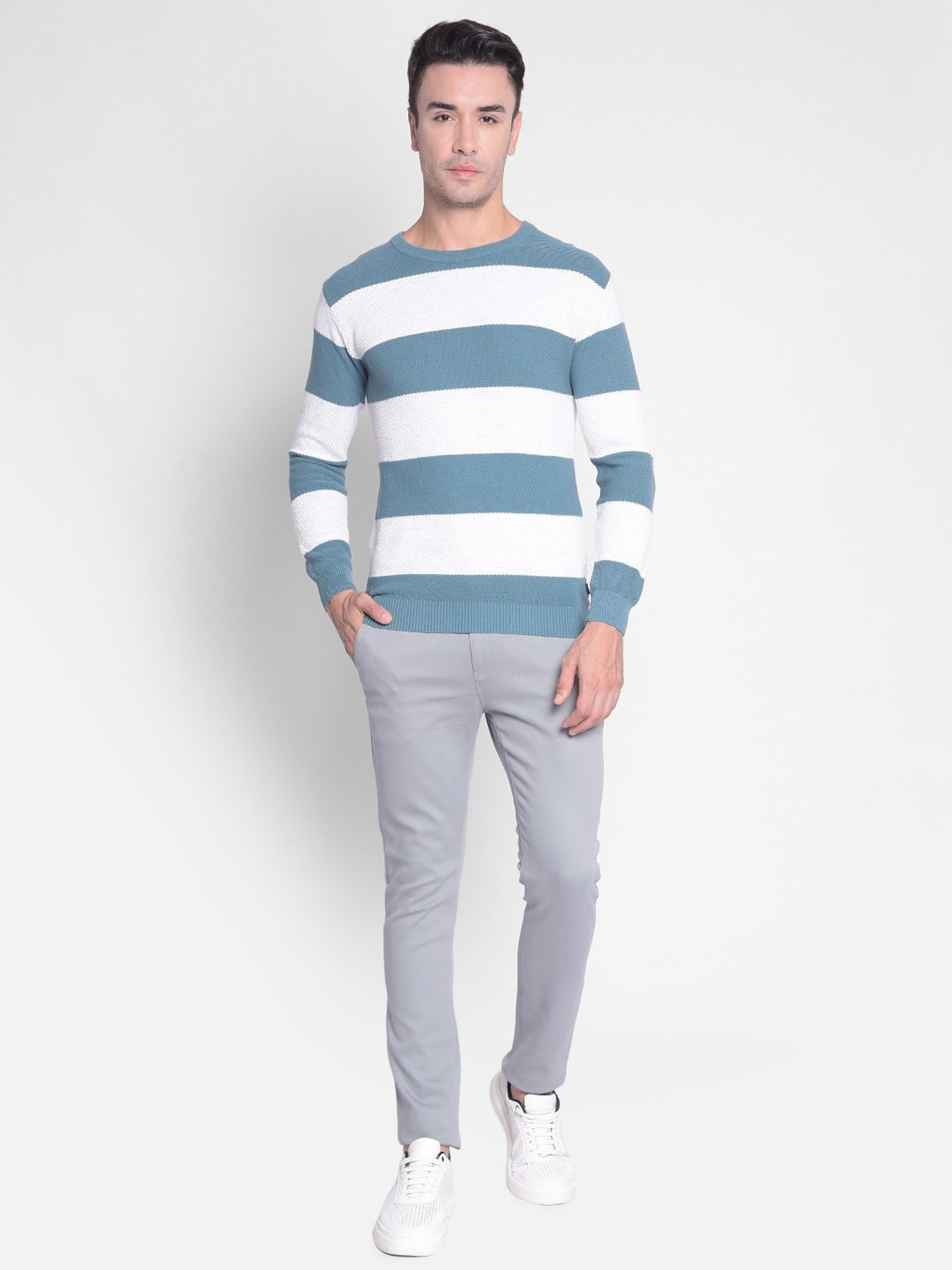 Crimsoune Club Blue & White Regular Fit Striped Cotton Sweater