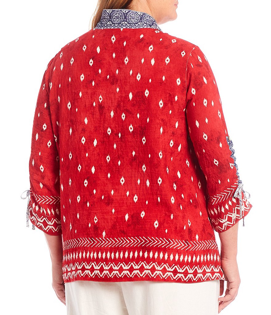 John Mark Plus Size Crinkle Geometric Print Button Front Point Collar Neck 3/4 Sleeve Tunic