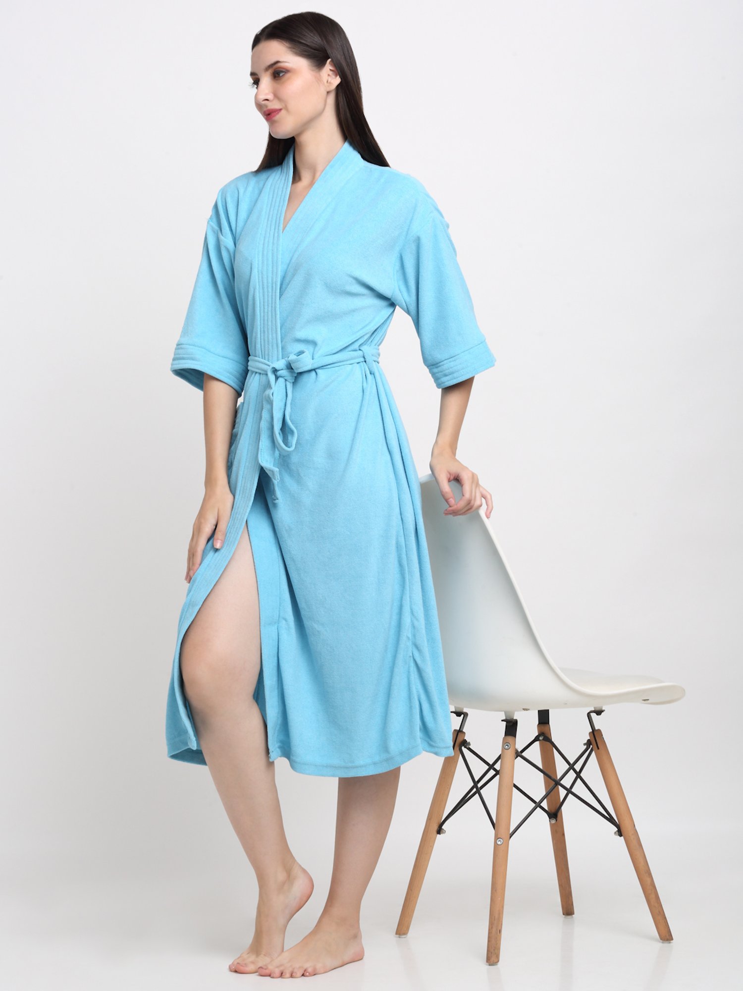 Creeva Everyday Ocean Blue 225 GSM Micro Terry Bathrobe with Front Pocket & Kimono Collar