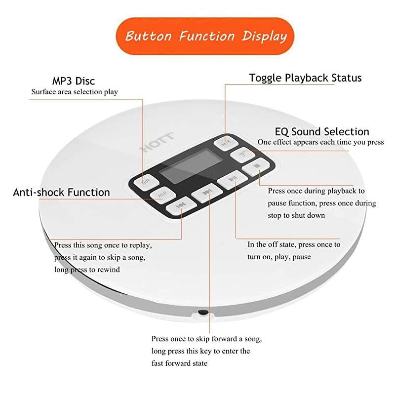 Portable CD Player HOTT Shockproof Wireless Bluetooth Personal Compact Disc Player Rechargeble HiFi Stereo CD Walkman Music Player with Earphones for Home Office SchoolWhite