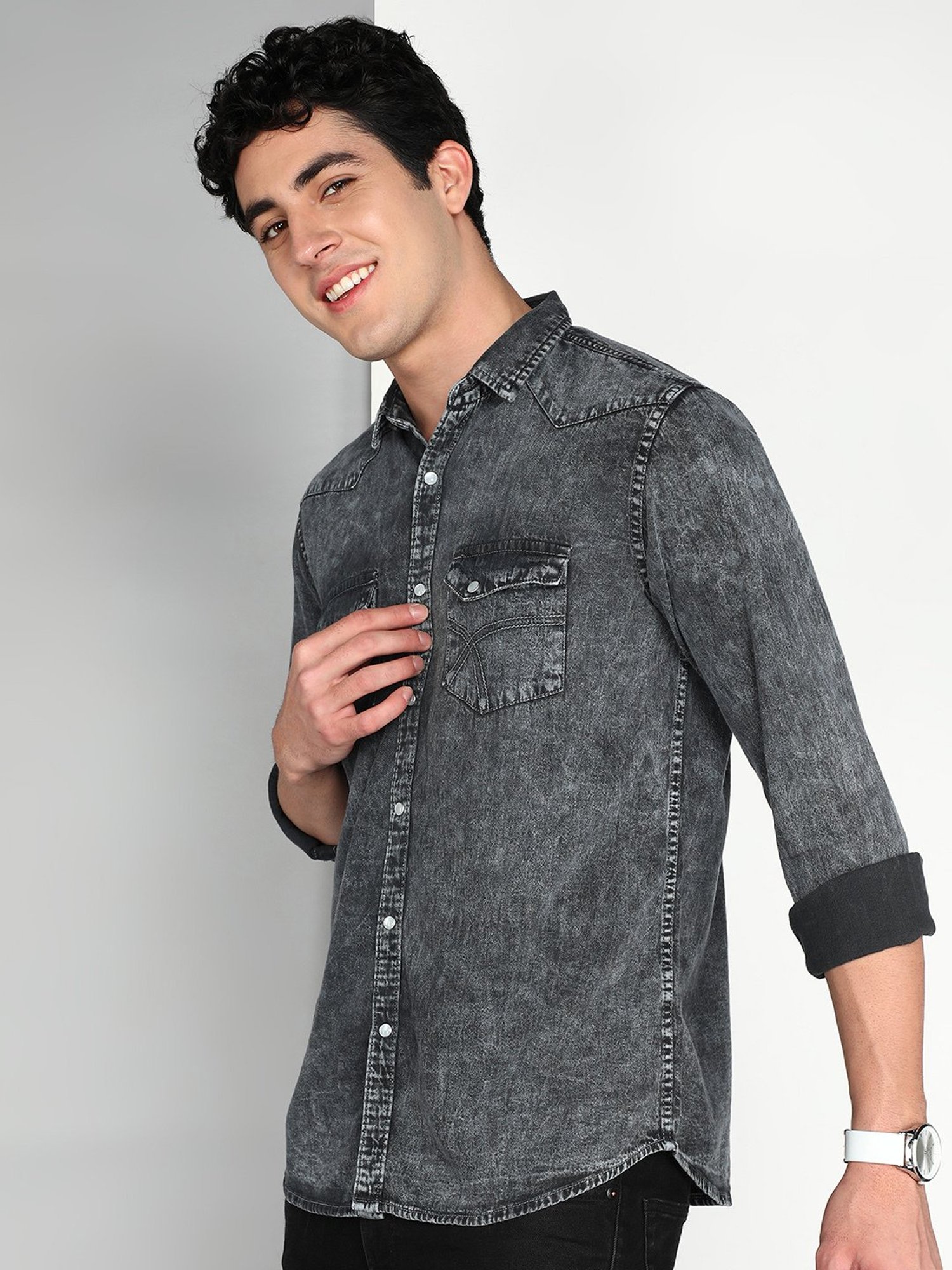 Kuons Avenue Dark Grey Slim Fit Denim Shirt