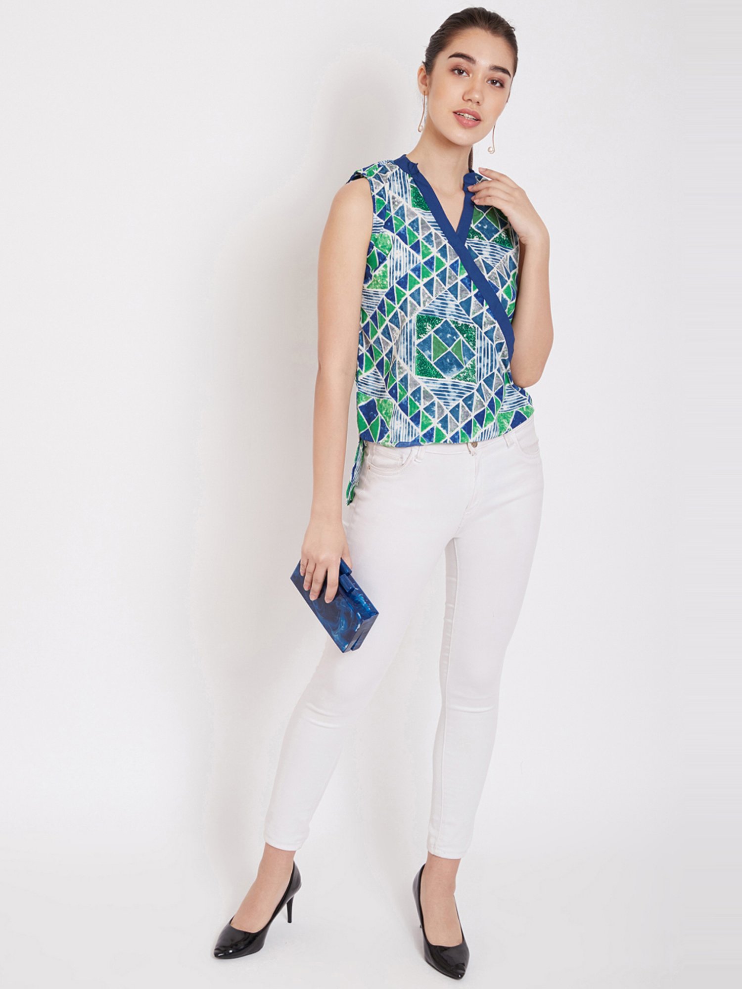 PURYS Blue Geometric Print Top