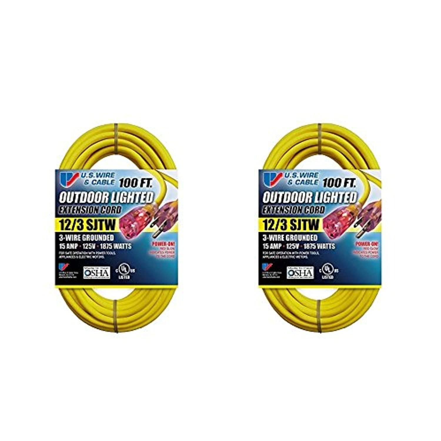 us wire 12/3 sjtw 100-foot outdoor lighted extension cord (yellow, 2-pack)